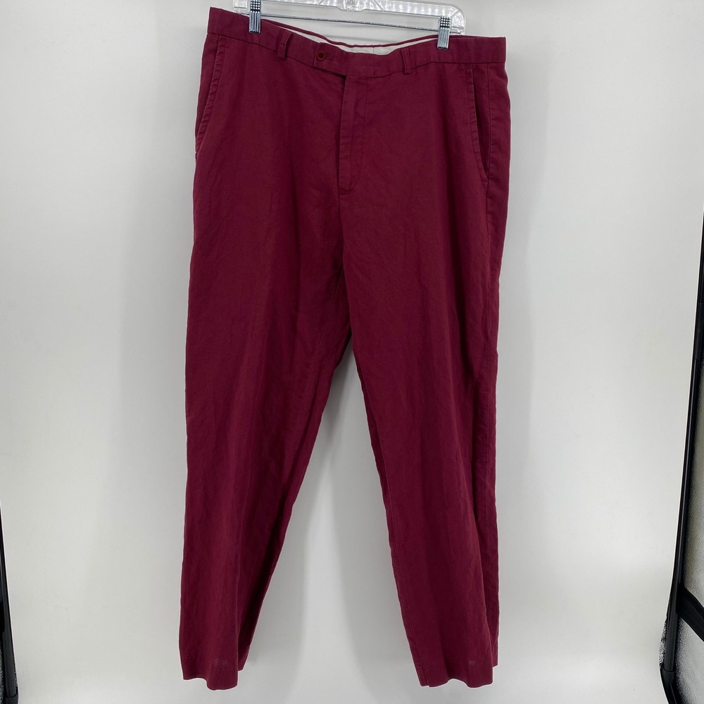 Stacy Adams Mens 38x32 Burgundy Linen Cotton Blend Flat Front Dress Pants Wine